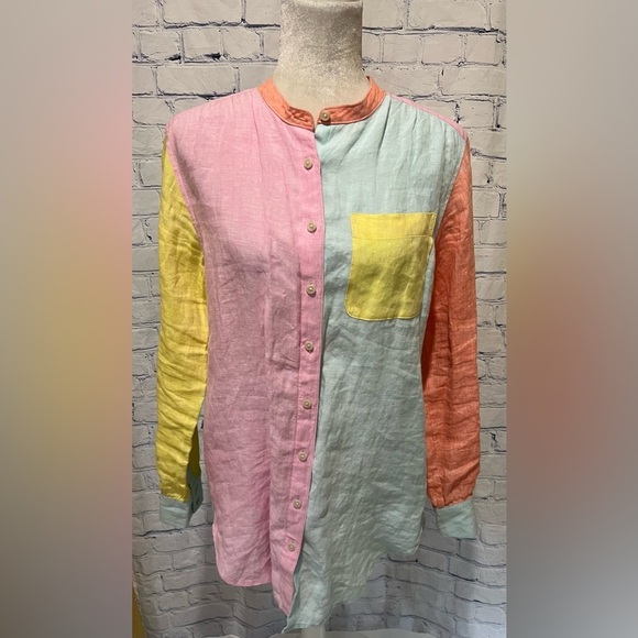Lands' End Tops - Lands' End Women's Linen Pastel Multi Colorblock Sleeve Shirt Small 6-8